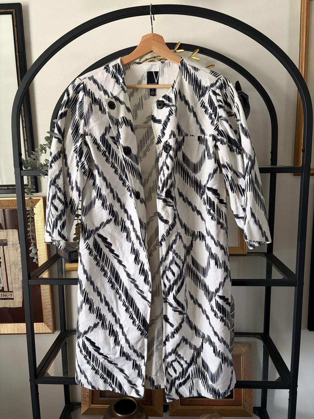 Valette Abstract Ikat Print Open Front Duster Jacket Cardigan Black White XS